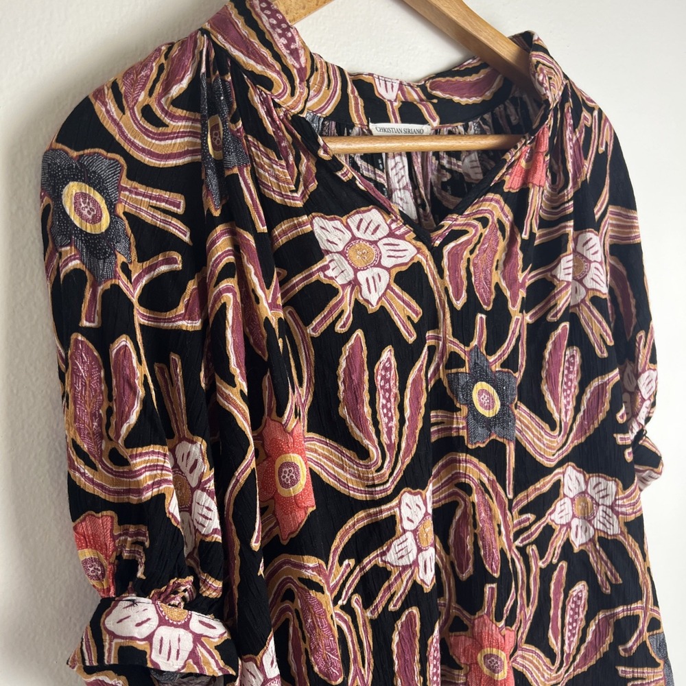 Christian Siriano Top Sz M‎ Dark Boho Floral Puff Sleeves Ties V-Neck Flattering